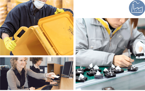 세 개의 패널로 구성된 비즈니스 활동 이미지. 상단 왼쪽은 노란색 컨테이너를 다루는 현장 작업자, 하단 왼쪽은 사무실에서 고객을 응대하는 서비스 장면, 오른쪽은 전자 부품을 정밀 조립하는 제조 공정을 보여줌. 산업구조 분석의 가치사슬 전반에 걸친 지속가능 경영 활동을 상징함.