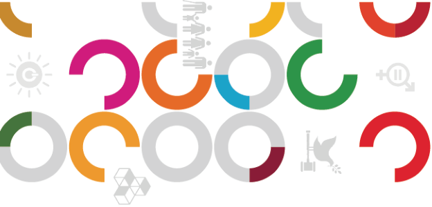 지속가능발전목표(SDGs)를 상징하는 다양한 색상의 원형 그래픽과 아이콘이 배치된 추상적 이미지. 평화와 정의(비둘기와 법봉), 성평등(젠더 기호), 청정 에너지(태양), 포용 사회(사람 실루엣) 등의 아이콘이 유기적으로 배열되어 대한민국의 지속가능발전 시책을 시각화함.