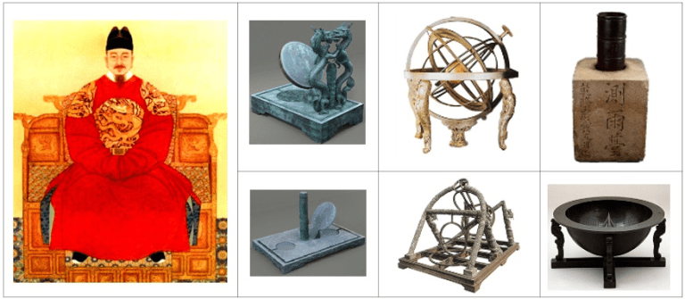 조선 제4대 국왕 세종대왕의 어진과 재위 기간 중 발명된 주요 과학 기구들(자격루, 혼천의, 측우기, 간의, 앙부일구 등)이 나열된 이미지. 한국 역사 속 성군 리더십과 과학기술의 발전을 상징하는 시각 자료.