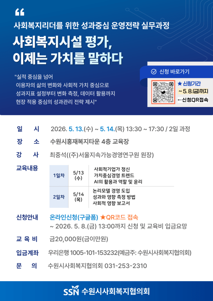 수원시사회복지협의회 주관 서울지속가능경영연구원, SSMR 최중석 박사의 사회복지 리더를 위한 성과중심 운영전략 실무과정 교육 홍보 포스터
